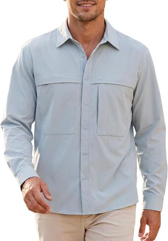 Kallspin Mens Long Sleeve Fishing Shirt Button Down Lightweight Quick Dry Water Resistant Vented Hiking Outdoor Active Shirt in Kuwait