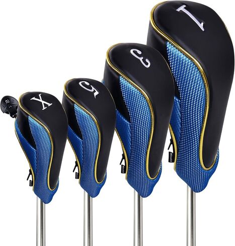 Andux 4Pcs/Set Gold Golf Wood Club Head Covers with Zipper MGMT30 | for 460cc Driver Fairway Short Neck Faux Leather and Nylon-mesh Embroidery thread Number in Kuwait