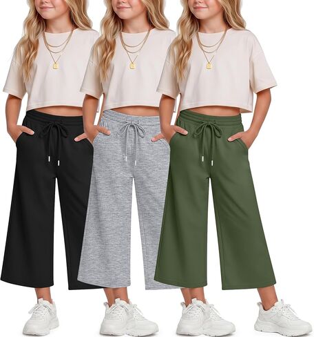 Halfchet 3 حزمة بنات كابري السراويل واسعة الساق فضفاضة اقتصاص Sweatpants الأطفال الأساسية عارضة Capris مع جيوب للأعمار 5-14 in Kuwait