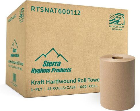 Sierra Hygiene 1-Ply Natural (Kraft) Roll Towels, 8" x 600’, Hardwound Universal Paper Towel Rolls for Commercial Restrooms, Restaurants, Schools & Offices, Case of 12 Rolls, Made in USA in Kuwait