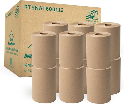 Sierra Hygiene 1-Ply Natural (Kraft) Roll Towels, 8" x 600’, Hardwound Universal Paper Towel Rolls for Commercial Restrooms, Restaurants, Schools & Offices, Case of 12 Rolls, Made in USA in Kuwait
