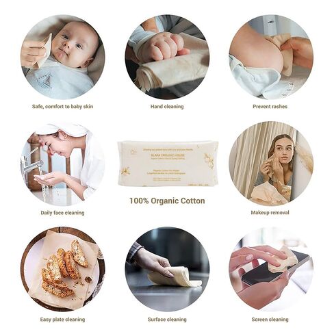 BLARA ORGANIC HOUSE Cashmere feel Organic Cotton Wipes Wet and Dry Dual use for Babies Adults Sensitive Skin Care and Daily Use(6 packs, 100 Wipes/Pack) in Kuwait