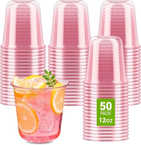Soelomu 12 oz Pink Plastic Cups, 50 Pcs Disposable Stemless Wine Glasses Round Bottom Cocktail Party Cups for Wedding Birthday Meeting Gathering in Kuwait