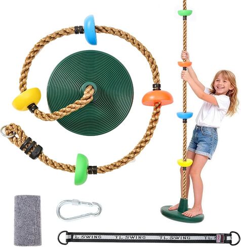 Tree Swing for Kids, 330LB Capacity Heavy Duty Climbing Rope with Platforms and Disc Swing Seat Set, Outdoor Backyard Playground Accessories with Carabiner, Thickened Strap and Tree Protector, Green in Kuwait