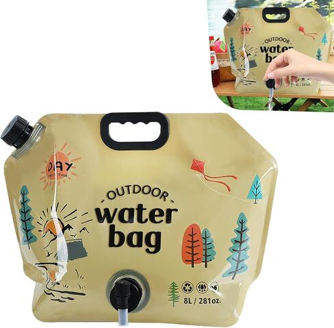 Portable Foldable Water Bag, 8L Collapsible Water Container with Adjustable Faucet, No-Leak Camping Storage Bag, Universal for Camping, Hiking, Outdoor Adventures (Khaki) in Kuwait
