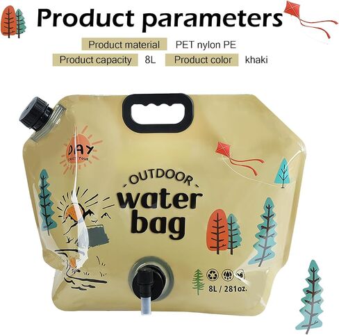 Portable Foldable Water Bag, 8L Collapsible Water Container with Adjustable Faucet, No-Leak Camping Storage Bag, Universal for Camping, Hiking, Outdoor Adventures (Khaki) in Kuwait