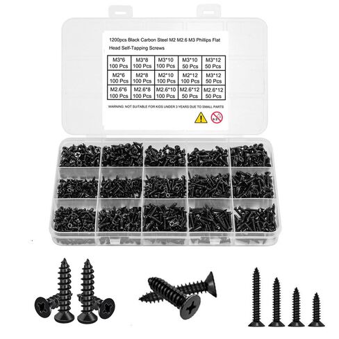 1200 Pcs Small/Micro black Self-Tapping Screws Set. Phillips Flat Head M2 M2.6 M3 Carbon Steel Small Countersunk Self-Tapping Screws for Wood, Plastic and Soft Metal, DIY Micro Furniture Box. in Kuwait
