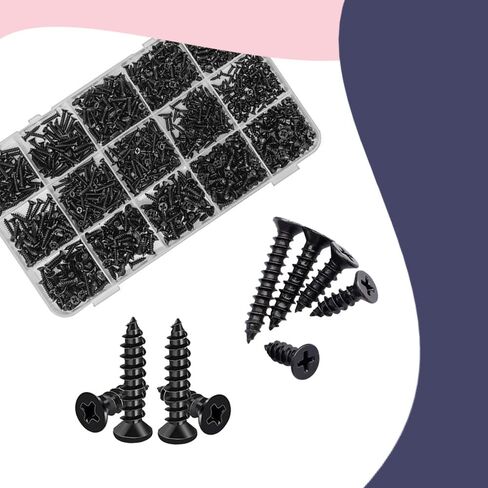 1200 Pcs Small/Micro black Self-Tapping Screws Set. Phillips Flat Head M2 M2.6 M3 Carbon Steel Small Countersunk Self-Tapping Screws for Wood, Plastic and Soft Metal, DIY Micro Furniture Box. in Kuwait