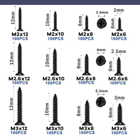1200 Pcs Small/Micro black Self-Tapping Screws Set. Phillips Flat Head M2 M2.6 M3 Carbon Steel Small Countersunk Self-Tapping Screws for Wood, Plastic and Soft Metal, DIY Micro Furniture Box. in Kuwait