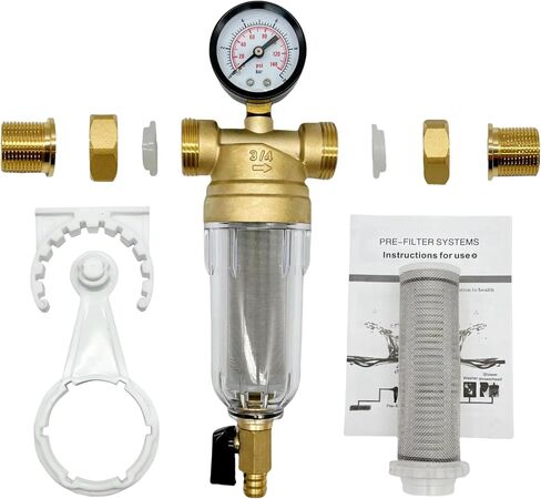 Spin Down Sediment Water Filter System with Pressure Gauge, 50&100 Micron Stainless Steel filter Mesh Pre-Filter for City/Well Water, 1" MNPT & 3/4" FNPT/MNPT Ports, Easy Backwash Cleaning in Kuwait
