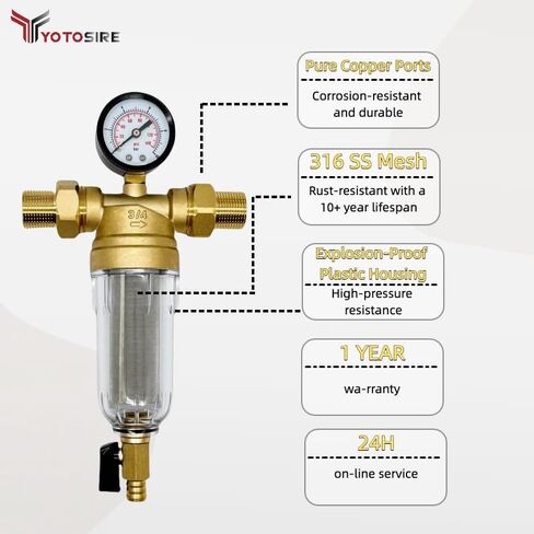 Spin Down Sediment Water Filter System with Pressure Gauge, 50&100 Micron Stainless Steel filter Mesh Pre-Filter for City/Well Water, 1" MNPT & 3/4" FNPT/MNPT Ports, Easy Backwash Cleaning in Kuwait