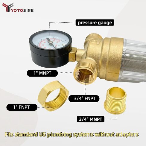 Spin Down Sediment Water Filter System with Pressure Gauge, 50&100 Micron Stainless Steel filter Mesh Pre-Filter for City/Well Water, 1" MNPT & 3/4" FNPT/MNPT Ports, Easy Backwash Cleaning in Kuwait