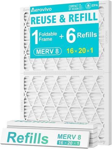 فلتر هواء 16x20x1، نظام فلتر فرن HVAC قابل لإعادة الملء MERV 8 مع إطار ABS قابل لإعادة الاستخدام و6 وسائط فلتر بديلة، الحجم الفعلي 15.75x19.75x0.75 بوصة in Kuwait