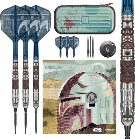 Target Darts Star Wars Mandalorian 95% Tungsten Steel Tip Darts, 22G/24G/26G | Black Swiss Storm Points, Black & Blue K-Flex No.6/No.2 Shafts & Flights, Premium Swiss Keyring Tool & Takoma Wallet in Kuwait