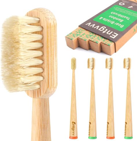Boar Bristle Toothbrush, 4 Pack Non Plastic Bamboo Toothbrushes, Plastic Free Natural Bristle Toothbrush, Wooden Manual Toothbrushes, Organic Non Toxic Tooth Brush for Adults, Medium, BPA Free in Kuwait