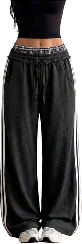 ZAFUL Womens Wide Leg Sweatpants Double Waisted Plaid Patchwork | Baggy Sweatpants, Contrasting Stripes Knitwear, Drawstring pants for women, Streetwear Y2K Casual Trouser with Pockets in Kuwait