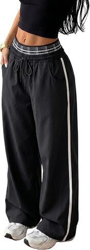 ZAFUL Womens Wide Leg Sweatpants Double Waisted Plaid Patchwork | Baggy Sweatpants, Contrasting Stripes Knitwear, Drawstring pants for women, Streetwear Y2K Casual Trouser with Pockets in Kuwait