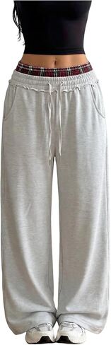 ZAFUL Womens Wide Leg Sweatpants Double Waisted Plaid Patchwork | Baggy Sweatpants, Contrasting Stripes Knitwear, Drawstring pants for women, Streetwear Y2K Casual Trouser with Pockets in Kuwait