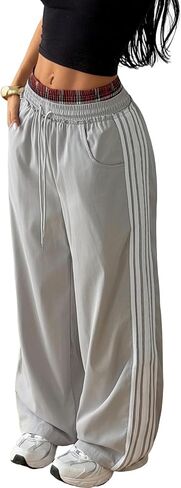 ZAFUL Womens Wide Leg Sweatpants Double Waisted Plaid Patchwork | Baggy Sweatpants, Contrasting Stripes Knitwear, Drawstring pants for women, Streetwear Y2K Casual Trouser with Pockets in Kuwait