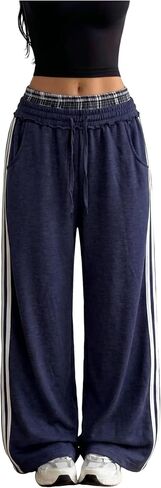 ZAFUL Womens Wide Leg Sweatpants Double Waisted Plaid Patchwork | Baggy Sweatpants, Contrasting Stripes Knitwear, Drawstring pants for women, Streetwear Y2K Casual Trouser with Pockets in Kuwait