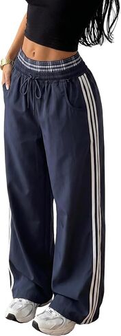 ZAFUL Womens Wide Leg Sweatpants Double Waisted Plaid Patchwork | Baggy Sweatpants, Contrasting Stripes Knitwear, Drawstring pants for women, Streetwear Y2K Casual Trouser with Pockets in Kuwait