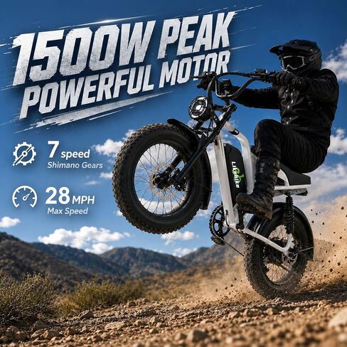 دراجة كهربائية Likebike للبالغين 1500 واط الذروة 48 فولت 20 أمبير دراجة كهربائية بإطارات سميكة | دراجة كهربائية 20 بوصة، نظام تعليق كامل، تروس 7 سرعات، فرامل قرص هيدروليكي، بطارية قابلة للإزالة، مع دواسات، مقعد طويل in Kuwait