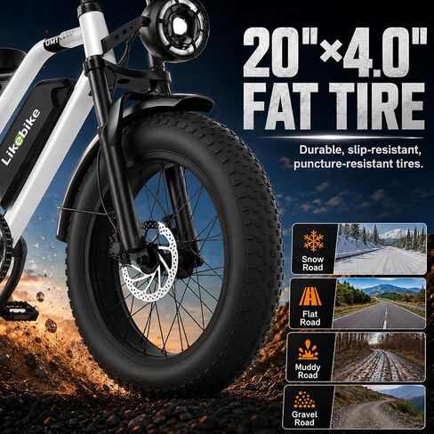 دراجة كهربائية Likebike للبالغين 1500 واط الذروة 48 فولت 20 أمبير دراجة كهربائية بإطارات سميكة | دراجة كهربائية 20 بوصة، نظام تعليق كامل، تروس 7 سرعات، فرامل قرص هيدروليكي، بطارية قابلة للإزالة، مع دواسات، مقعد طويل in Kuwait