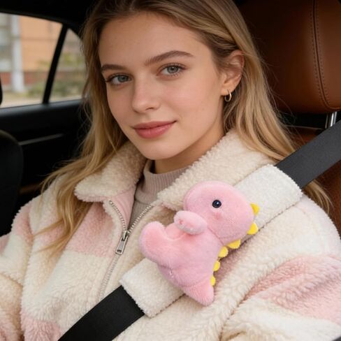 2 PCS Seat Belt Cover Pad, Cute Dinosaur Seatbelt Covers for Kids, Winter Plush Fluffy Soft Seatbelt Cushion, Car Seat Strap Pads (Pink+Green) in Saudi Arabia