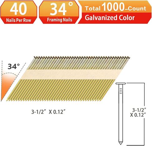 مسامير تأطير 34 درجة، حزمة أظافر على شكل حرف D، أظافر شريطية من الورق المجلفن، ساق ناعمة، لمسمار تأطير من 30 إلى 34 درجة (3-1/2 بوصة: 1000 قطعة) in Kuwait