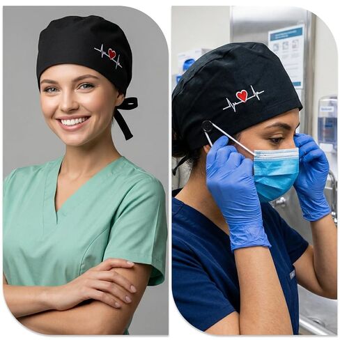 2 Pcs Working Caps Nurse Scrub Hats with Hair Ties Adjustable Scrub Cap with Button Sweatband Dentist Elastic Bandage Tie Hats for Women Men in Kuwait