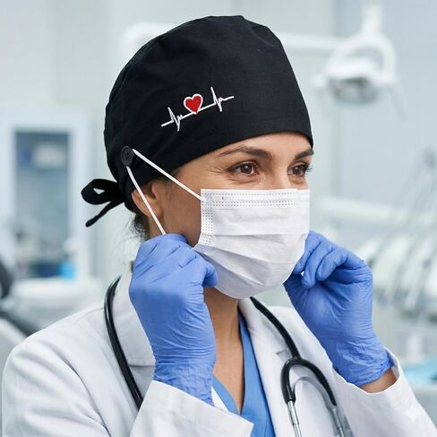 2 Pcs Working Caps Nurse Scrub Hats with Hair Ties Adjustable Scrub Cap with Button Sweatband Dentist Elastic Bandage Tie Hats for Women Men in Kuwait