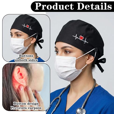 2 Pcs Working Caps Nurse Scrub Hats with Hair Ties Adjustable Scrub Cap with Button Sweatband Dentist Elastic Bandage Tie Hats for Women Men in Kuwait