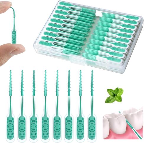 Dental Floss Picks, 200 PCS Soft Silicone interdental Brush, Dental Picks for Teeth Cleaning, Braces Brush, Mint Flavor, Disposable Toothpicks, Suitable for Cleaning Teeth, Green in Kuwait