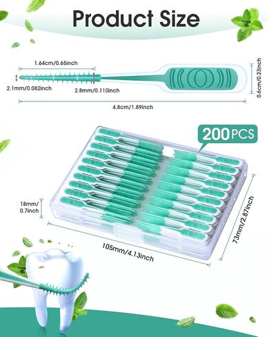 Dental Floss Picks, 200 PCS Soft Silicone interdental Brush, Dental Picks for Teeth Cleaning, Braces Brush, Mint Flavor, Disposable Toothpicks, Suitable for Cleaning Teeth, Green in Kuwait