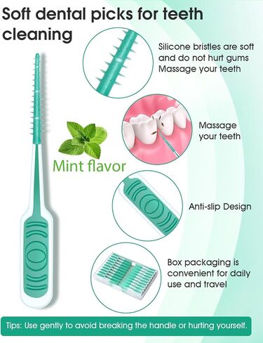 Dental Floss Picks, 200 PCS Soft Silicone interdental Brush, Dental Picks for Teeth Cleaning, Braces Brush, Mint Flavor, Disposable Toothpicks, Suitable for Cleaning Teeth, Green in Kuwait