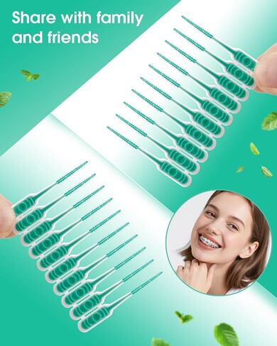Dental Floss Picks, 200 PCS Soft Silicone interdental Brush, Dental Picks for Teeth Cleaning, Braces Brush, Mint Flavor, Disposable Toothpicks, Suitable for Cleaning Teeth, Green in Kuwait