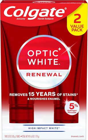 Colgate Optic White Renewal Teeth Whitening Toothpaste, Whitening Fluoride Toothpaste Pack, Made with Hydrogen Peroxide, Helps Remove Tea, Coffee, and Wine Stains, High Impact White, 2 Pack, 3.0 oz in Kuwait