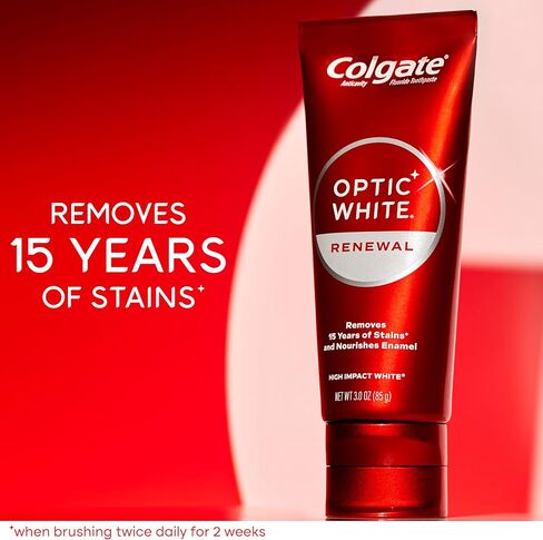 Colgate Optic White Renewal Teeth Whitening Toothpaste, Whitening Fluoride Toothpaste Pack, Made with Hydrogen Peroxide, Helps Remove Tea, Coffee, and Wine Stains, High Impact White, 2 Pack, 3.0 oz in Kuwait