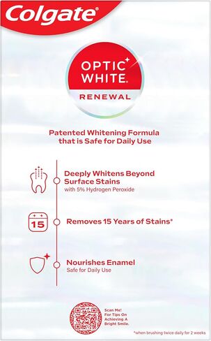 Colgate Optic White Renewal Teeth Whitening Toothpaste, Whitening Fluoride Toothpaste Pack, Made with Hydrogen Peroxide, Helps Remove Tea, Coffee, and Wine Stains, High Impact White, 2 Pack, 3.0 oz in Kuwait