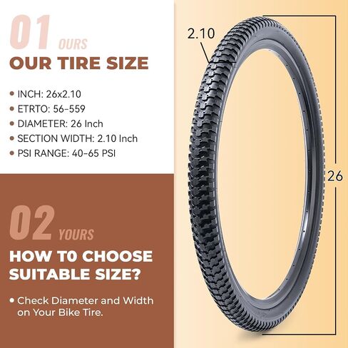 2 Pcs, 26x2.10 Bike Tires, Durable Folding 26 Inch 56-559 26 x 2.10 Mountain Bicycle Tires, Replacement Bike Tires for Mountain Cruiser Bicycle, Clincher in Kuwait