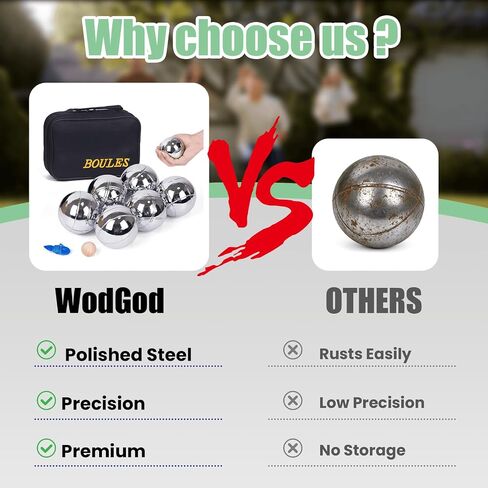 مجموعة ألعاب WodGod Petanque - 6 كرات من الفولاذ المقاوم للصدأ مع حقيبة حمل، كرة مستهدفة وسلسلة قياس، مجموعة ألعاب Petanque كلاسيكية للحديقة والشاطئ والفناء الخلفي - متعة كرة البوتشي العائلية في الهواء الطلق in Kuwait