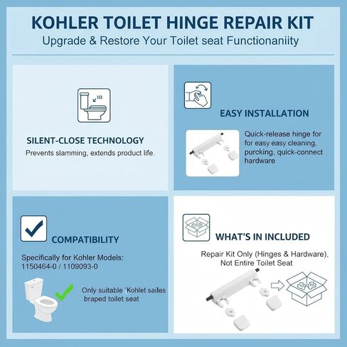 Toilet Seat Hinge Kit 1150464-0 1109093-0 for Kohler Elongated | Replacement toilet seat hinges for Kohler elongated models. Part numbers 1150464-0, 1109093-0. Easy DIY install. in Kuwait