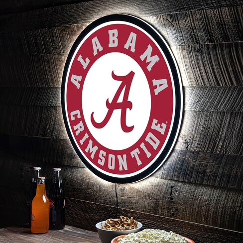 Team Sports America Evergreen NCAA University of Alabama | Ultra-Thin LED Light Wall Sign Decor | 23 Inch Round | Made in the USA in Kuwait
