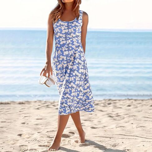 Women's Summer U-Neck Dress Beach Vacation Versatile Floral Print Tank Dress in Kuwait