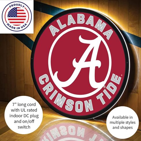 Team Sports America Evergreen NCAA University of Alabama | Ultra-Thin LED Light Wall Sign Decor | 23 Inch Round | Made in the USA in Kuwait