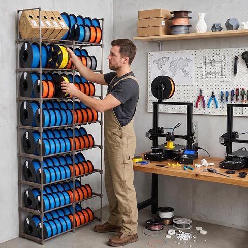 8-Tier 2-Column Modular 3D Printer Filament Storage Rack, Metal Filament Spool Holder & Organizer, Holds 96 Spools(1kg), Filament Storage Shelf for Home Office Workshop, Tool-Free Assembly(Brown) in Kuwait