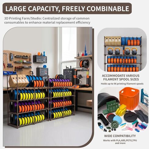 8-Tier 2-Column Modular 3D Printer Filament Storage Rack, Metal Filament Spool Holder & Organizer, Holds 96 Spools(1kg), Filament Storage Shelf for Home Office Workshop, Tool-Free Assembly(Brown) in Kuwait