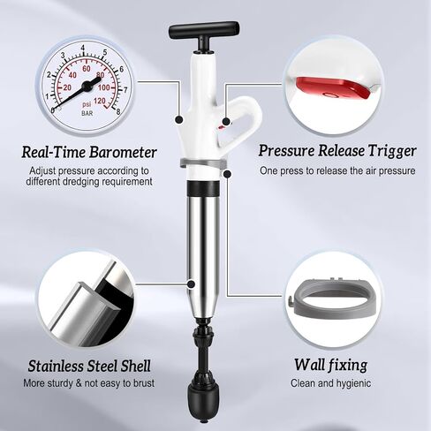 High Pressure Air Drain Blaster, Drain Plunger Equipped with 360° Rotating Elbow/Base High-Pressure Air Plunger Kit for Unclogging Toilets/Sinks/Bathtubs/Floor Drains in Kuwait