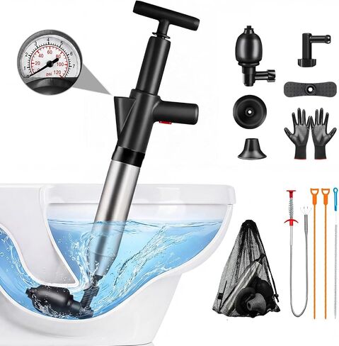 Fast Toilet Plunger High Pressure with Storage Bag, Heavy Duty Air Drain Blaster & Unclogger Tool, Clog Remover Kit & Toilet Snake Alternative for Bathroom, Toilets, Sinks, Tubs, Pipes (Gray) in Kuwait