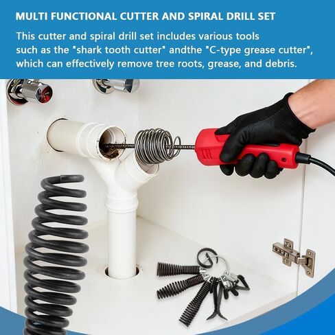 8-Piece Drain-Snake Drill Attachments for 1-4" Pipes, Cutter and Auger Set Compatible with 50FT-100FT Electric Drain-Snake Cable, Fits 5/16 to 3/4 inch Drains Snakes Cable in Kuwait